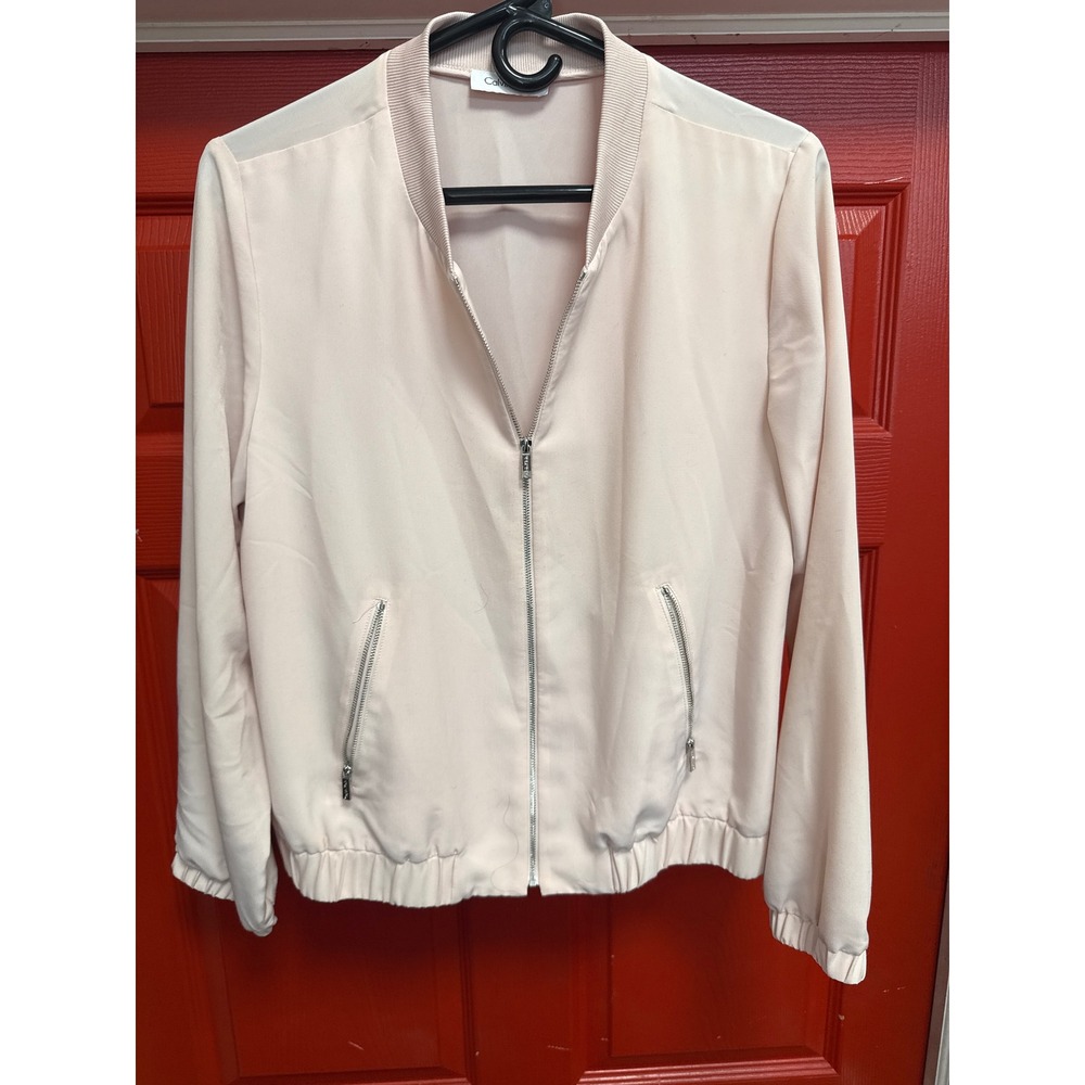 Calvin Klein Womens Blush Pink Full Zip Bomber Jacket Lightweight Ribbed Trim